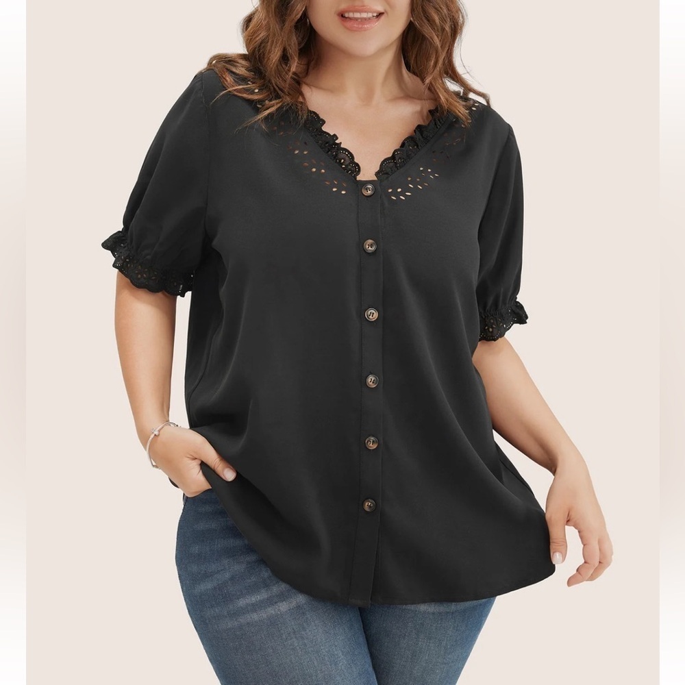 BloomChic Plus Size XL Solid Lace Trim Button Up Laser Cut Puff Sleeve Blouse